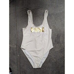 Boohoo Size 10 White BRIDE gold Metallic print One Piece Swimsuit Bathing Swim